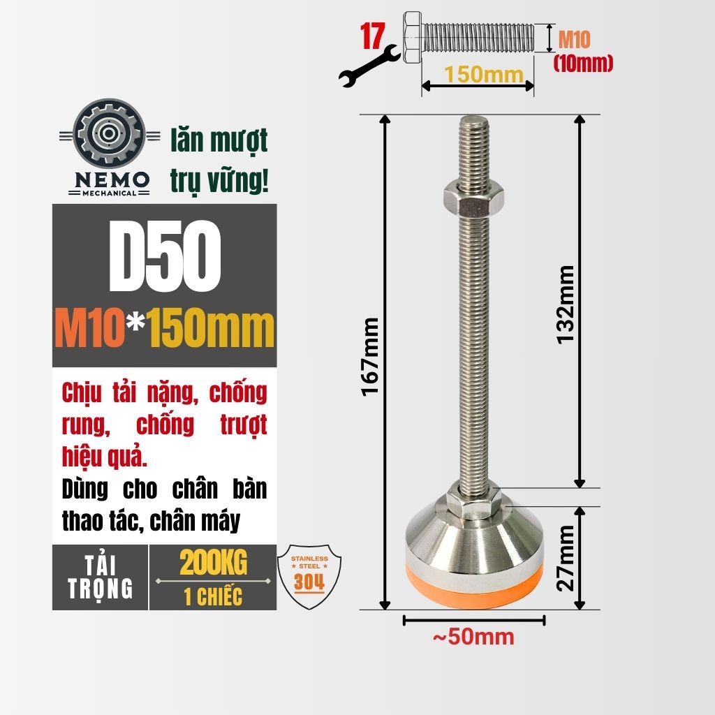 Chân Tăng Chỉnh Inox 304 Ren M10 – Chống Gỉ Tuyệt Đối, Đế Bát Dày Chịu Tải Nặng